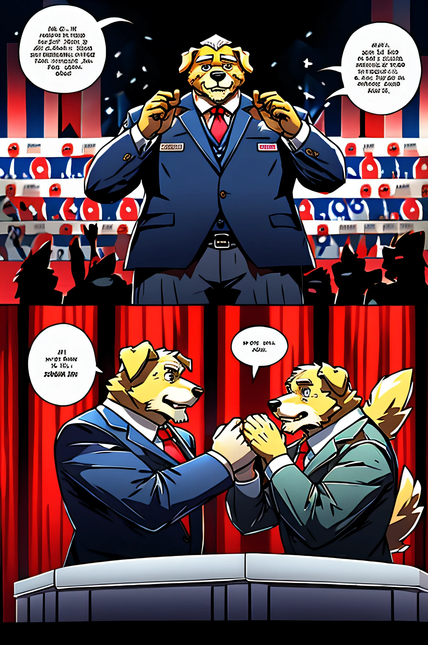 (Politicians giving speeches on stage、Older Male Old Man)comic strip、Anthropomorphic Golden Retriever Dog、cyberpunked