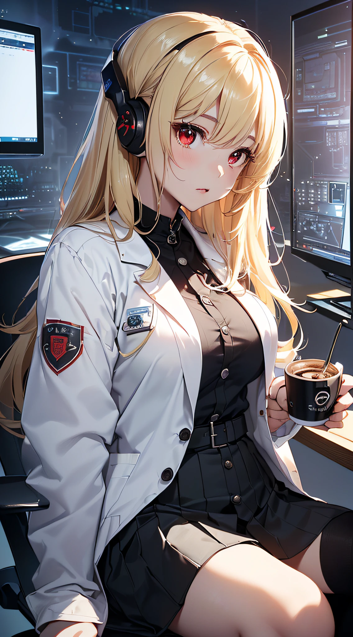 top-quality、Top image quality、​masterpiece、girl with((cute little、18year old、Best Bust、Medium bust、Bust 85,Red eyes to issue、Breasts wide open,Valley、Blonde long hair、A slender、Outerwear lab coat、Black Y shirt with open buttons、White pants、holding coffee cup、sit a chair）hiquality、Beautiful Art、Background with((Cyber Laboratories,Many flying drones、darkened room)),Depth((２０Video monitor))masutepiece、Elaborate design、visualart、depth of fields、