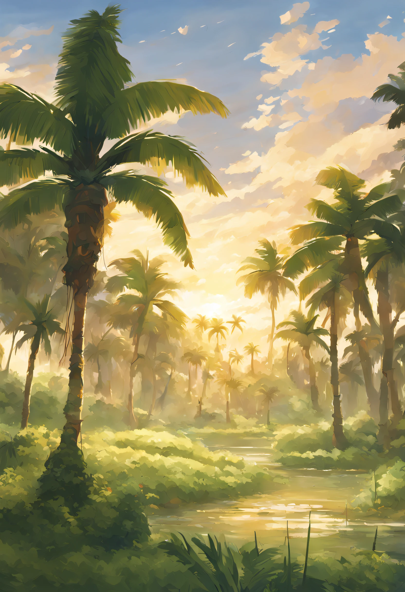 An exuberant scenery unfolds before your eyes, as the soft evening light pours over the verdant fields of Goshen. In the shade of the majestic palm trees, Peace and abundance embrace this land, as a fulfilled promise of divine blessing. imagem estilo anime