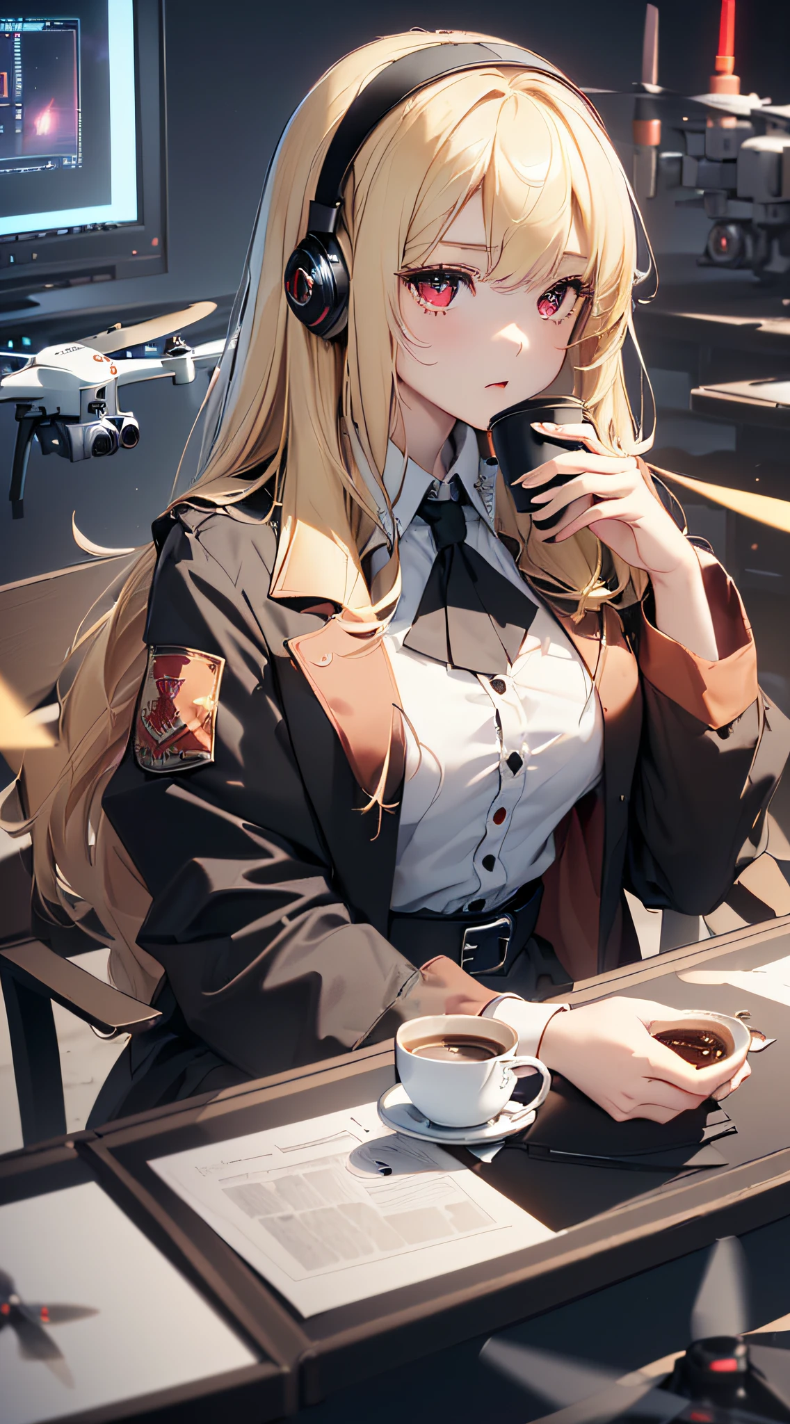 top-quality、Top image quality、​masterpiece、girl with((cute little、18year old、Best Bust、Medium bust、Bust 85,Red eyes to issue、Breasts wide open,Valley、Blonde long hair、A slender、Outerwear lab coat、Black Y-shirt with open buttons、a black skirt、Black spats,holding coffee cup、sit a chair、Large valleys）hiquality、Beautiful Art、Background with((Cyber Laboratories,Many flying drones、darkened room)),Depth((２０Video monitor))masutepiece、Elaborate design、visualart、depth of fields、