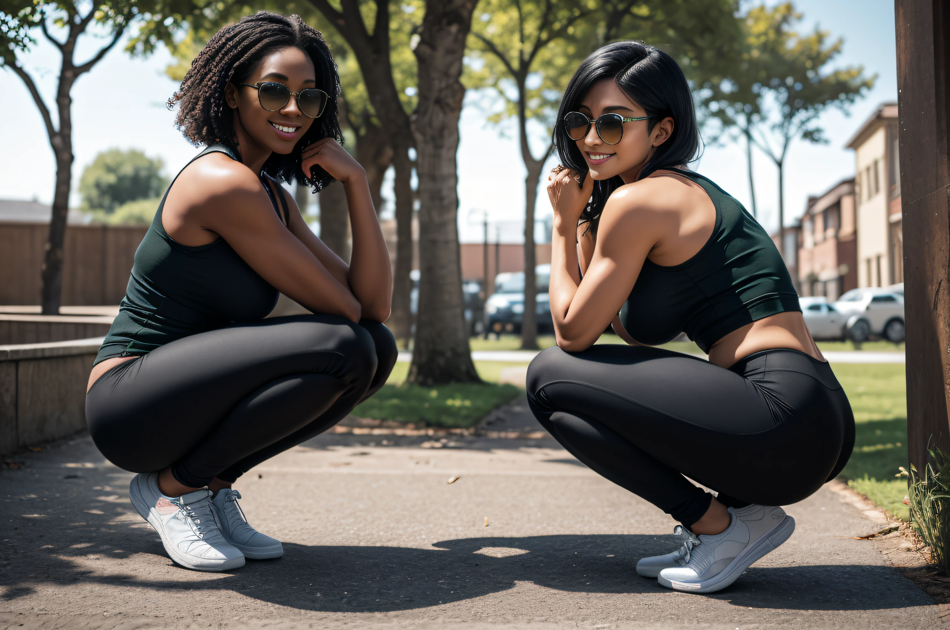 (masterpiece:1.2), (best quality:1.2), ((only one person)), ((full body image)),very huge breasts, black woman, black hair, short straight hair, Happy smile, realistic and detailed hands, realistic and detailed face, realistic and detailed tooth, realistic and detailed foots, realistic and detailed face, extremely muscular, aviator sunglasses, back garden, physical exercise, squat, black tank tops, dark green legging, white socks.