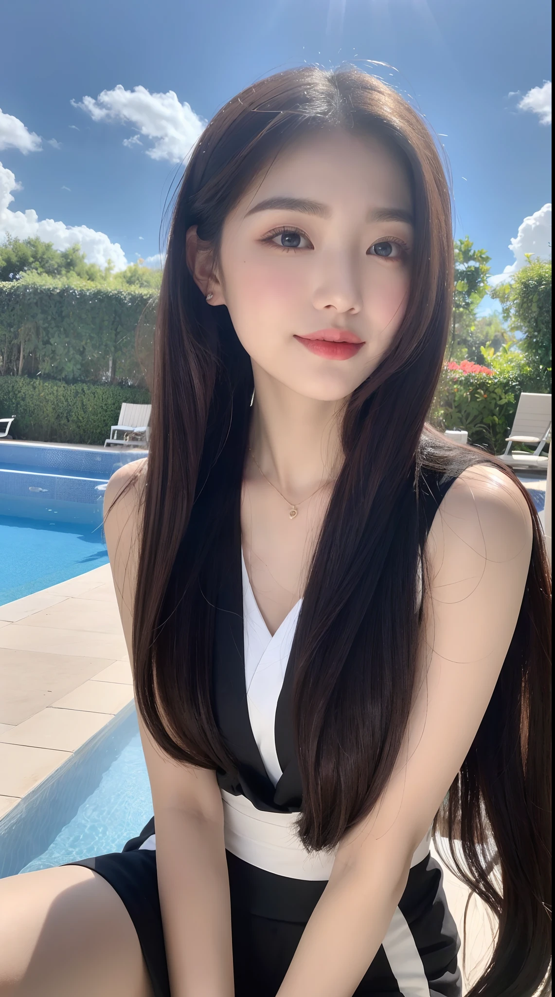 22-year-old girl, with gray eyes, pale white skin, slim figure, smiling, black hair, fashionable, on the balcony of a mansion, photo taken with an ultra-realistic professional camera