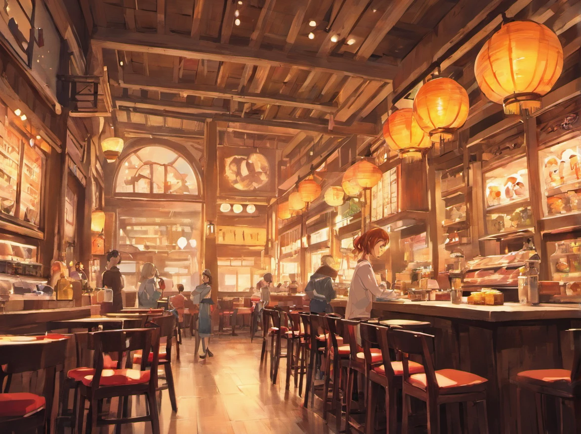 Lots of details, 8K, Fantasy, without people, japanese restaurant, japan, side view, room, table, food, without chairs
