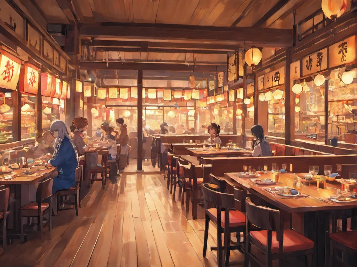 Lots of details, 8K, Fantasy, without people, japanese restaurant, japan, side view, room, table, food, without chairs