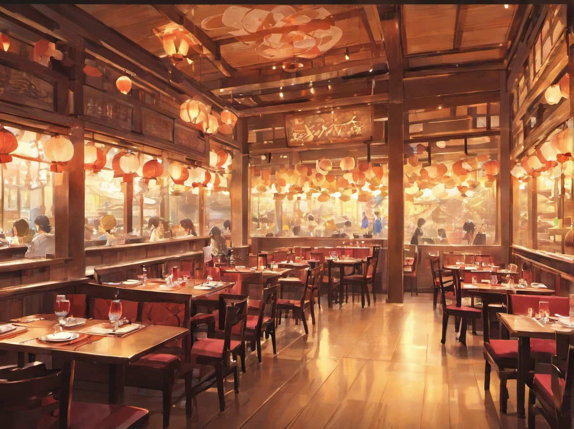 Lots of details, 8K, Fantasy, without people, japanese restaurant, japan, side view, room, table, food, without chairs