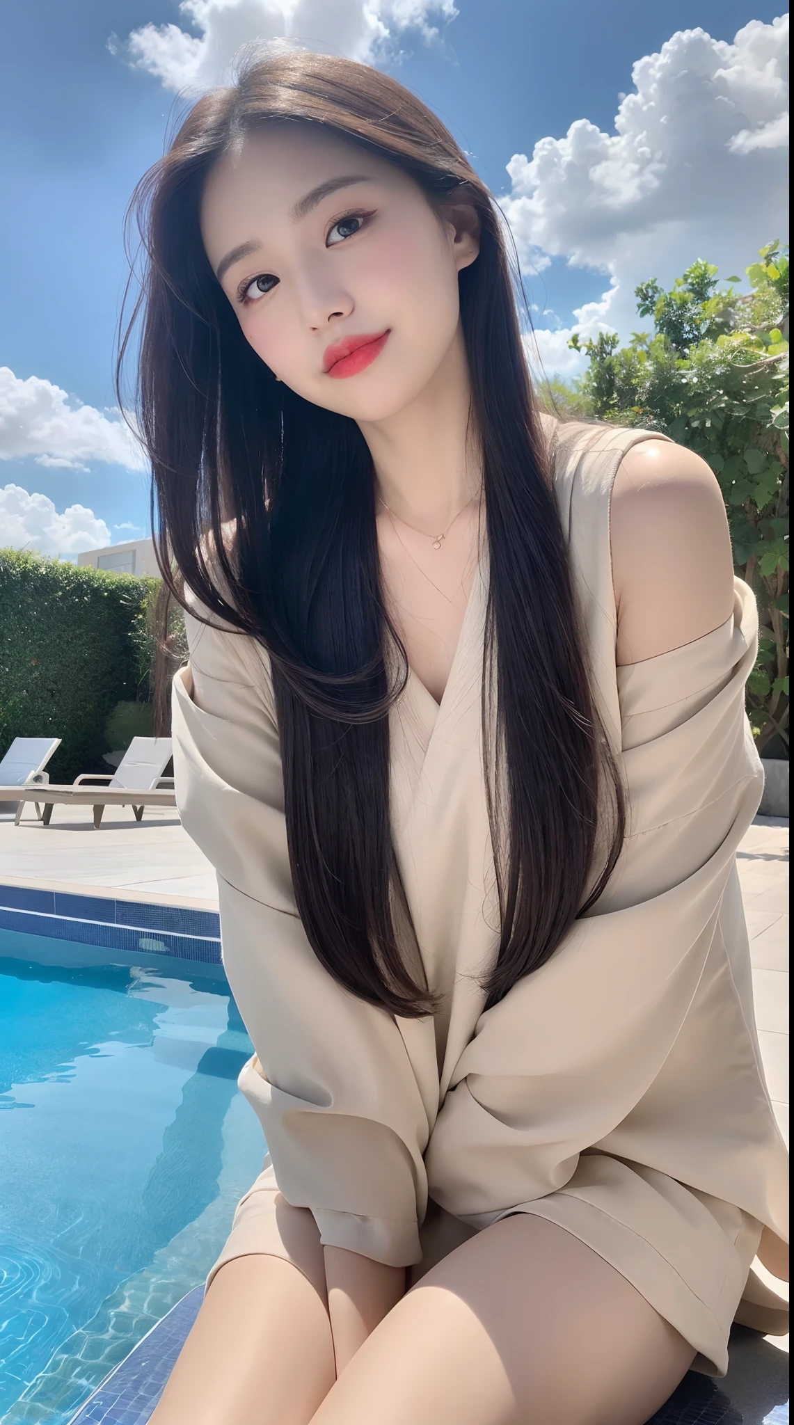 (top Quority, 8K, tmasterpiece:1.3)), A pretty maiden,Pure,Melon seed face,gentle and cute,A sweet smile,Pure desire,Thin stature,(frontage),staring right into camera,uniform, Obi, formal,Black silky long, layered long hair,Long hair flowing over the shoulders,round black big eyes,Clear big eyes,Hydrated red lips,Sweet,Sitting next to the pool,with blue sky and white clouds,Blue skies,