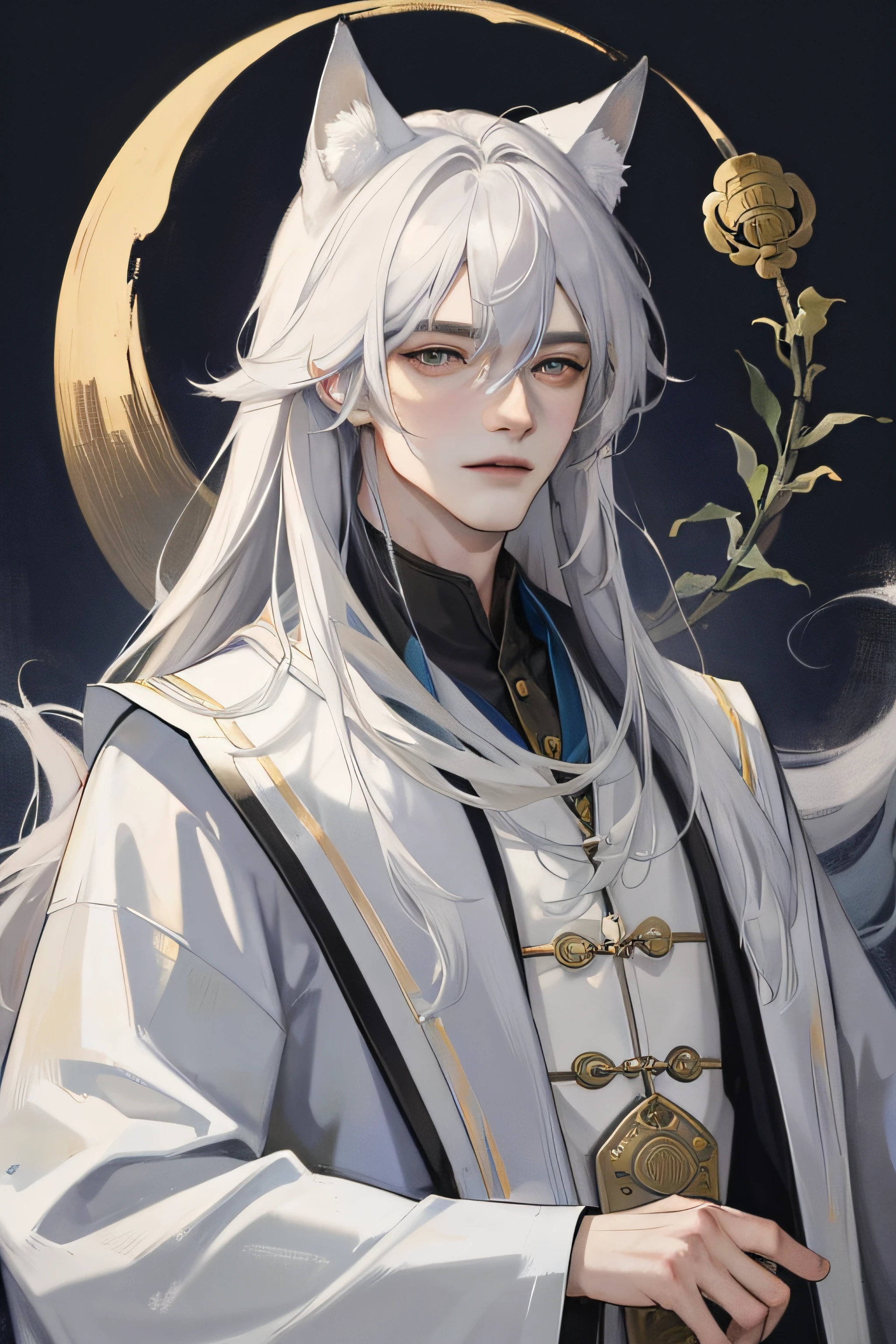 Masterpiece, Best quality, Night, full moon,Exquisite facial details， 1 man, Mature man, Chinese style, White fox ears，Ancient China, Gray hair like spring, Golden eyes, Split ends of hair, Long hair, Long bangs, Handsome, Handsome, Masculine, gentle, Tall, calm, Mixed white and blue clothing, Dark background, fox tails，Fox element,  in wonderland