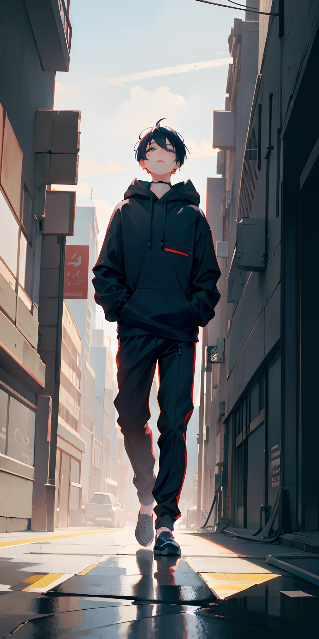 anime boy in black hoodie and red pants walking down a city street, artwork in the style of guweiz, standing in a city street, anime style 4 k, anime art wallpaper 8 k, tall anime guy with blue eyes, anime style. 8k, standing in the street, full body portrait of a short!, modern anime style, standing in street