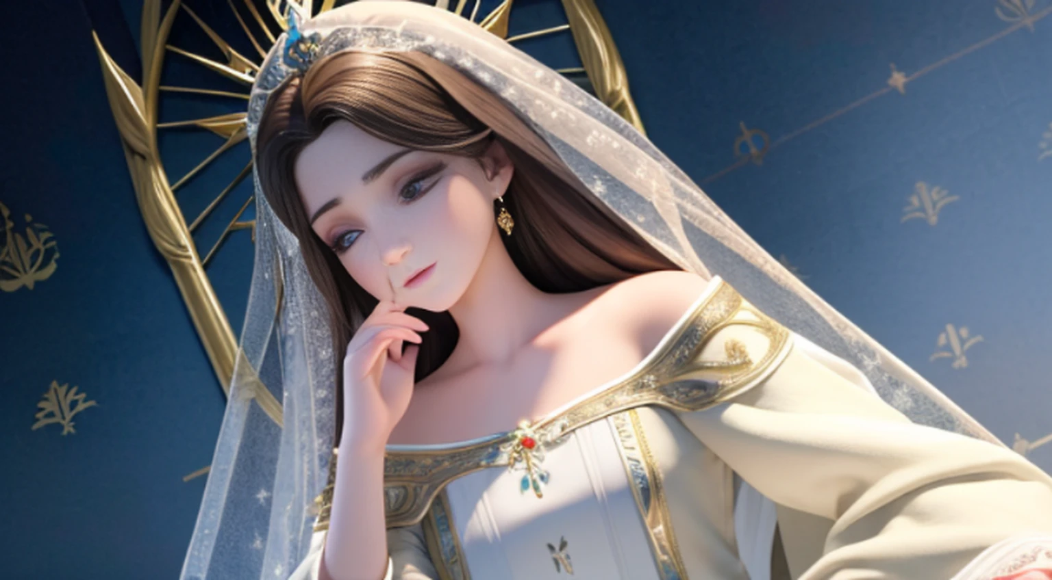 tons de branco e dourado、heaven、top、Reino Celestial、St. Matthew Passion、RococoStyle、mistic、Mature adult female、Impeccable、harmonia、mercy、amabilidade、calma、resoluto、Bit mais alto、Deusa da eternidade、eternidade、dignidade、solenidade、Um majestoso、Sacralidade、Exaltado、nobre、Glories、????????、Luz deslumbrante、brilho、O sopro da vida、graces、Delight、Querendo、Liberation、salvation、Forgiveness、reuthentic、reforma、Limpo e encantador、Falta de frieza、3-Point Live Method、oil painting、melhor qualidade、perfect angle、perfect compositio、alta resolução、foco nítido、Detalhes extremamente altos,Deusa Retrato 3D