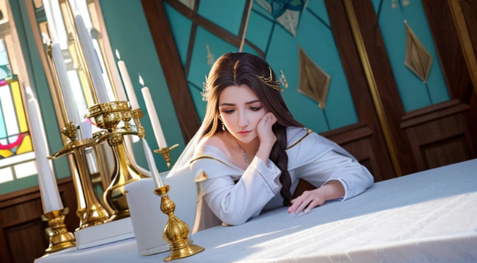 tons de branco e dourado、heaven、top、Reino Celestial、St. Matthew Passion、RococoStyle、mistic、Mature adult female、Impeccable、harmonia、mercy、amabilidade、calma、resoluto、Bit mais alto、Deusa da eternidade、eternidade、dignidade、solenidade、Um majestoso、Sacralidade、Exaltado、nobre、Glories、prestige、Luz deslumbrante、brilho、O sopro da vida、graces、Delight、Querendo、Liberation、salvation、Forgiveness、reuthentic、reforma、Limpo e encantador、Falta de frieza、3-Point Live Method、oil painting、melhor qualidade、perfect angle、perfect compositio、alta resolução、foco nítido、Detalhes extremamente altos，Deusa Retrato 3D