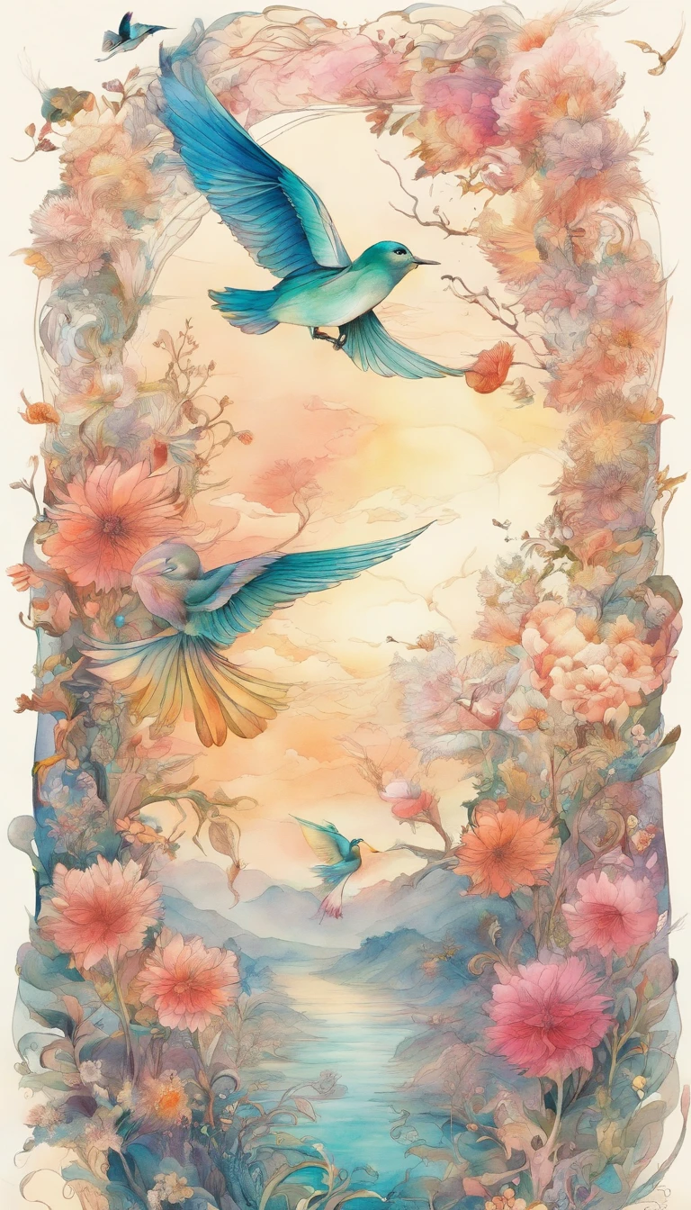 Flowers and birds, japan manga style, sketching, Watercolor color.
