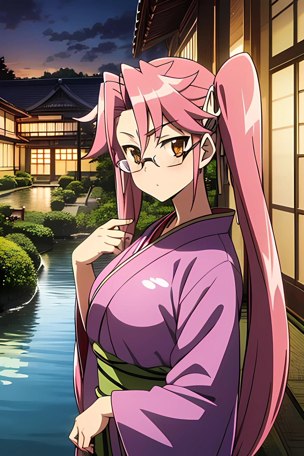 saya takagi, long hair, ribbon, twintails, (brown eyes:1.5), hair ribbon, pink hair, glasses, red cheeks, best quality, masterpiece, Japanese village house,pond on the background, slightly sideways, looking at viwer, legs in view, lilac color Japanese kimono, nighttime, purple-orange Faint glow lighting