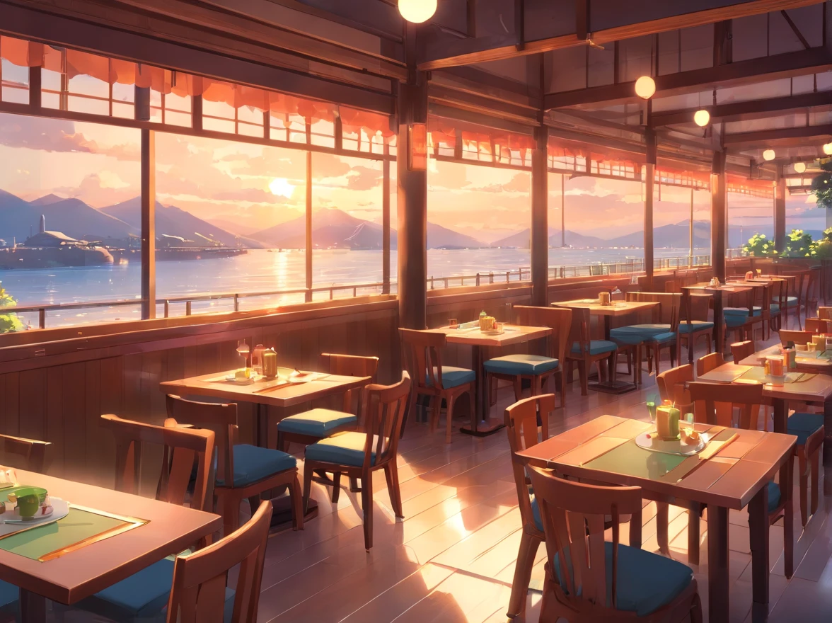 Lots of details, 8K, Fantasy, without people, japanese restaurant, japan, side view, room, table, food, without chairs