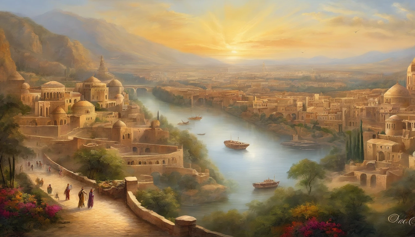 (best quality,4k,highres),ancient civilization,huge bustling city,five thousand years old,thriving metropolis,advanced architectural marvels,ornate temples and palaces,towering statues,population: millions,elaborate irrigation systems,monumental city walls,vibrant markets and trading hubs,people of diverse cultures and occupations,merchant caravans arriving from distant lands,grand processions and festivals,entertainment and performance venues,majestic river flowing through the city,lush gardens and parks,emerging advancements in science and technology,cosmopolitan atmosphere,breathtaking sunsets and sunrises,golden era of human civilization.