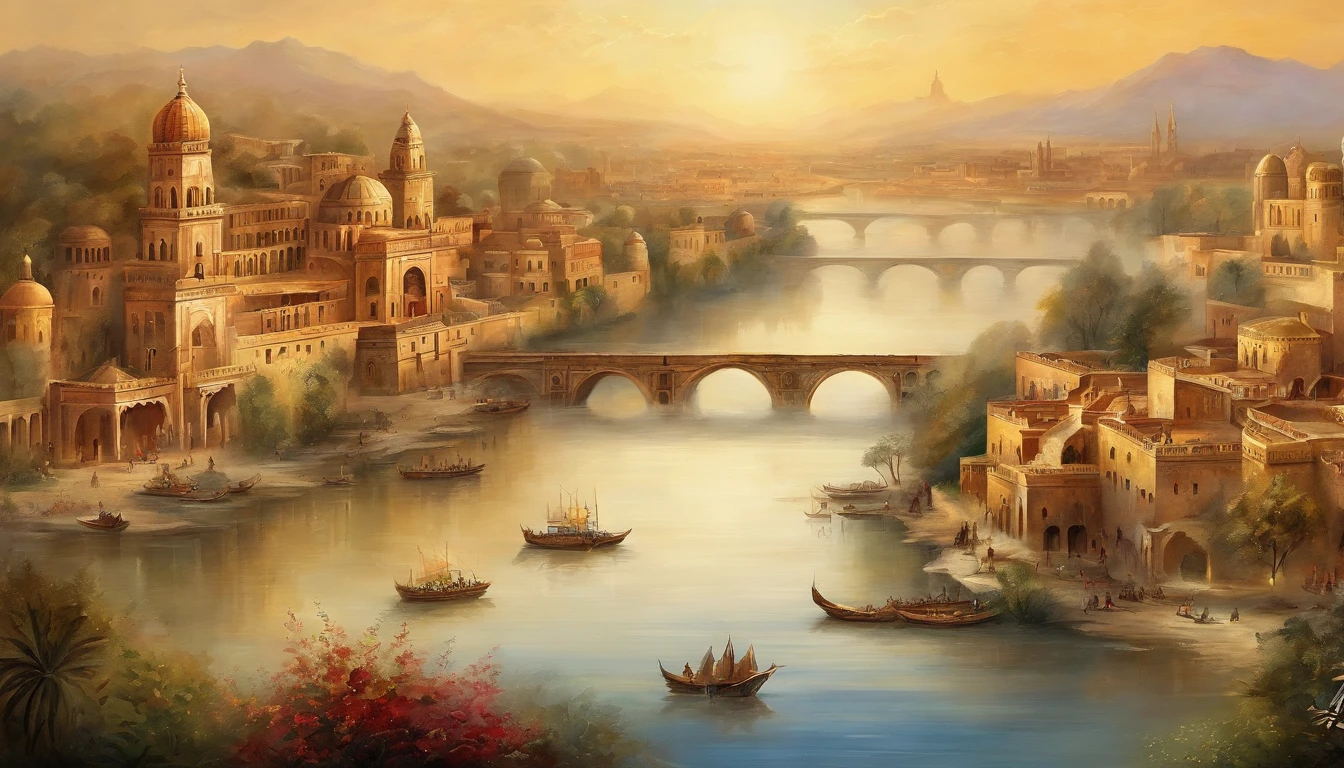 (best quality,4k,highres),ancient civilization,huge bustling city,five thousand years old,thriving metropolis,advanced architectural marvels,ornate temples and palaces,towering statues,population: millions,elaborate irrigation systems,monumental city walls,vibrant markets and trading hubs,people of diverse cultures and occupations,merchant caravans arriving from distant lands,grand processions and festivals,entertainment and performance venues,majestic river flowing through the city,lush gardens and parks,emerging advancements in science and technology,cosmopolitan atmosphere,breathtaking sunsets and sunrises,golden era of human civilization.