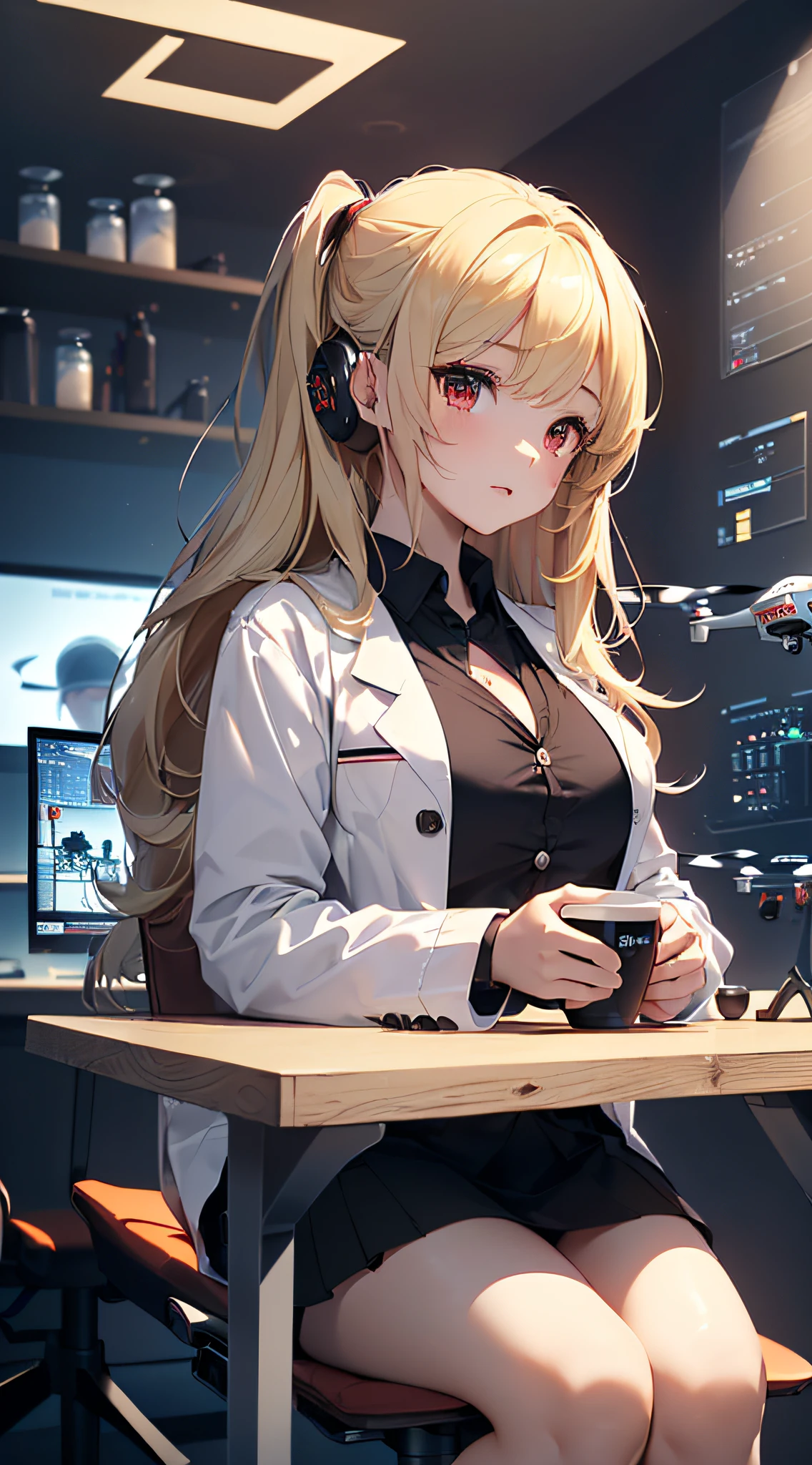 top-quality、Top image quality、​masterpiece、girl with((cute little、18year old、Best Bust、Medium bust、Bust 85,Red eyes to issue、Breasts wide open,Valley、Blonde long hair、A slender、Outerwear lab coat、Black Y-shirt with open buttons、a black skirt、Black spats,holding coffee cup、sit a chair、Large valleys）hiquality、Beautiful Art、Background with((Cyber Laboratories,Many flying drones、darkened room)),Depth((Numerous monitors))masutepiece、Elaborate design、visualart、depth of fields、