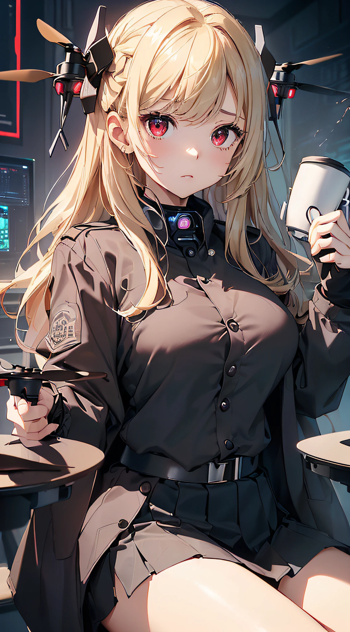 top-quality、Top image quality、​masterpiece、girl with((cute little、18year old、Best Bust、Medium bust、Bust 85,Red eyes to issue、Breasts wide open,Valley、Blonde long hair、A slender、Outerwear lab coat、Black Y-shirt with open buttons、a black skirt、Black spats,holding coffee cup、sit a chair、Large valleys）hiquality、Beautiful Art、Background with((Cyber Laboratories,Many flying drones、darkened room)),Depth((Numerous monitors))masutepiece、Elaborate design、visualart、depth of fields、