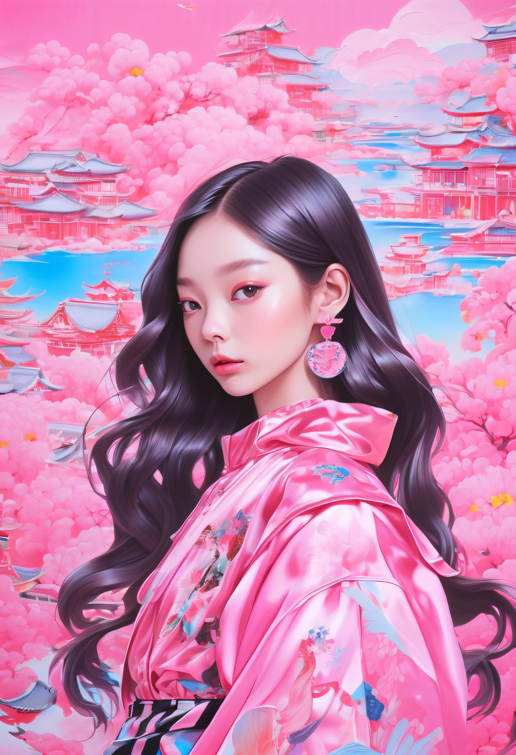 The 18-year-old girl looks like Angelababy, adolable,Barbie shiny pink,in the style of Miho Hirano, pink and black,Magnificent portrait, 1980s animation, hongkongstyle, Sandara tang, mixed patterns, text and emoji installations
