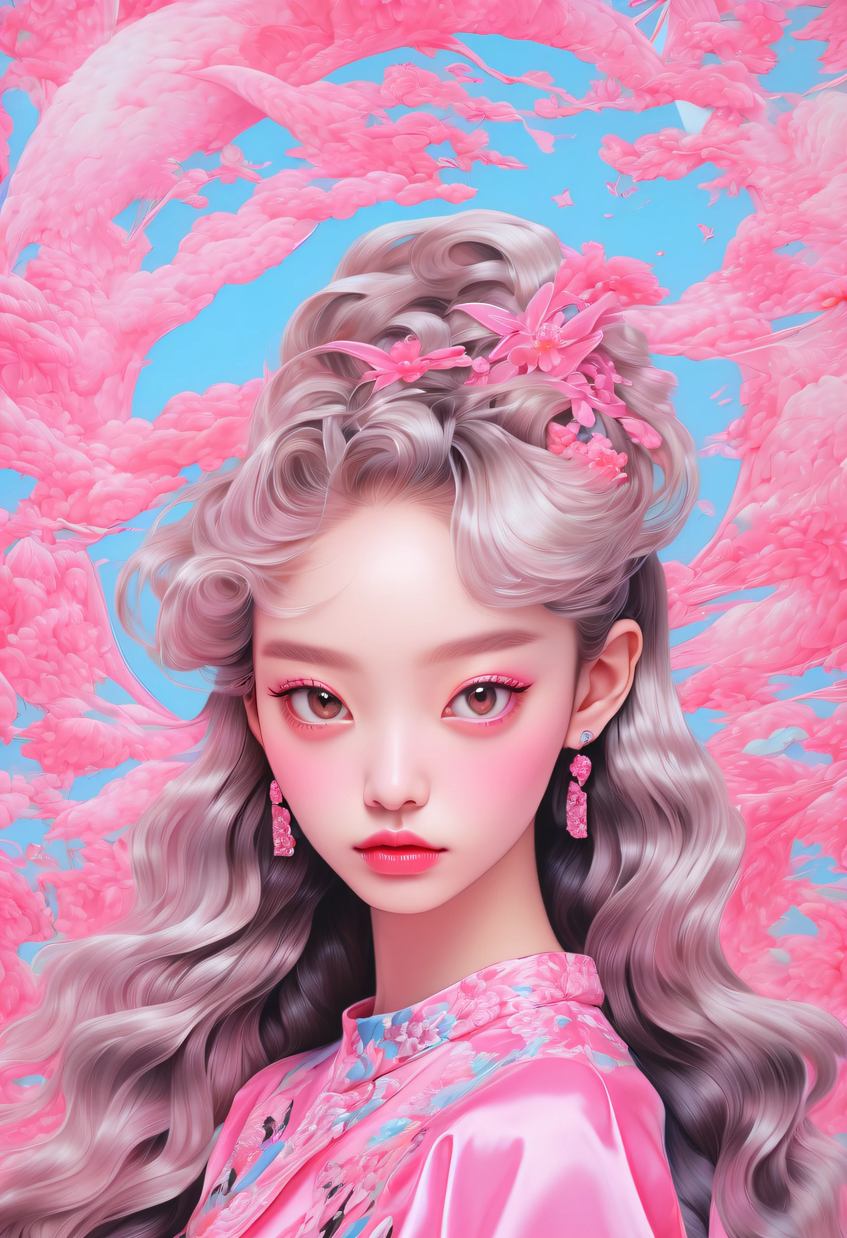 The 18-year-old girl looks like Angelababy, adolable，Barbie shiny pink,in the style of Miho Hirano, pink and black,Magnificent portrait, 1980s animation, hongkongstyle, Sandara tang, mixed patterns, text and emoji installations