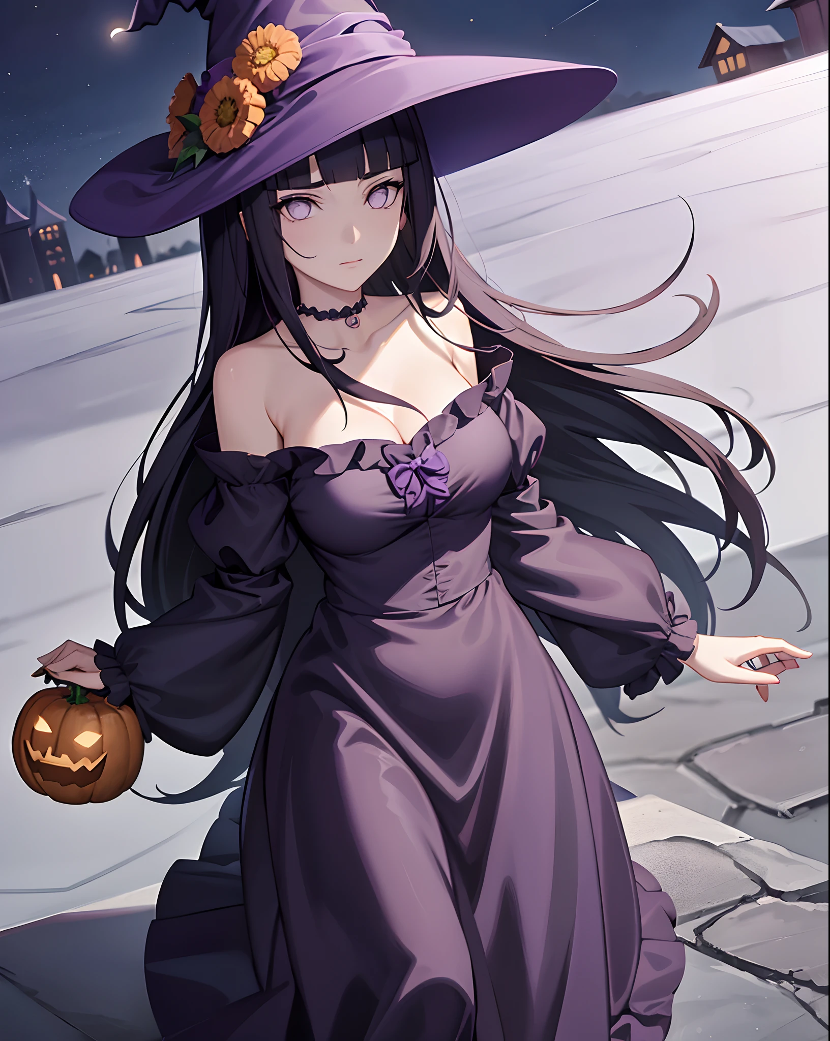 Hinata hyuga, halloween, gothic, navy witch dress, long hair,purple witch hat, pumpkin, halloween night, frill dress, perfect composition, beautiful atmosphere, night, bat