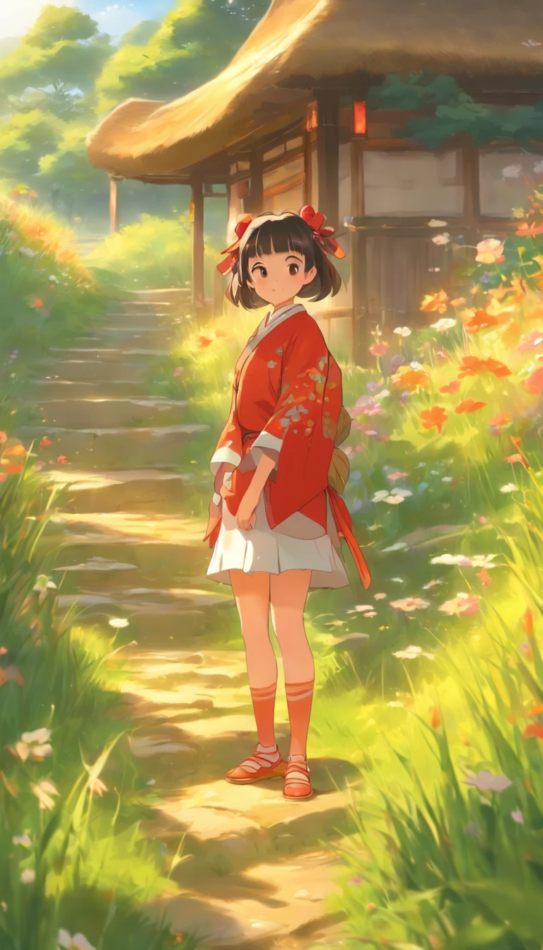 Thatched hut on the hill,Fifteen or sixteen-year-old girls sat in a grass hut,She stared at a clock on the wall,Lips slightly pursed,largeeyes,adolable,Late at night,中景 the scene is,super-fine,ultra - detailed,high qulity,8K,中景 the scene is,Full body like,China-style,Cartoon little girl