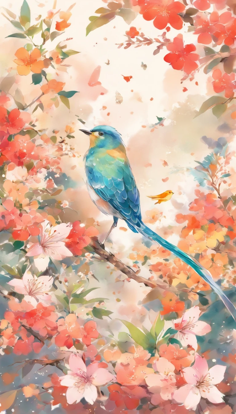 birds and flowers, japan manga style, sketching, Watercolor color.