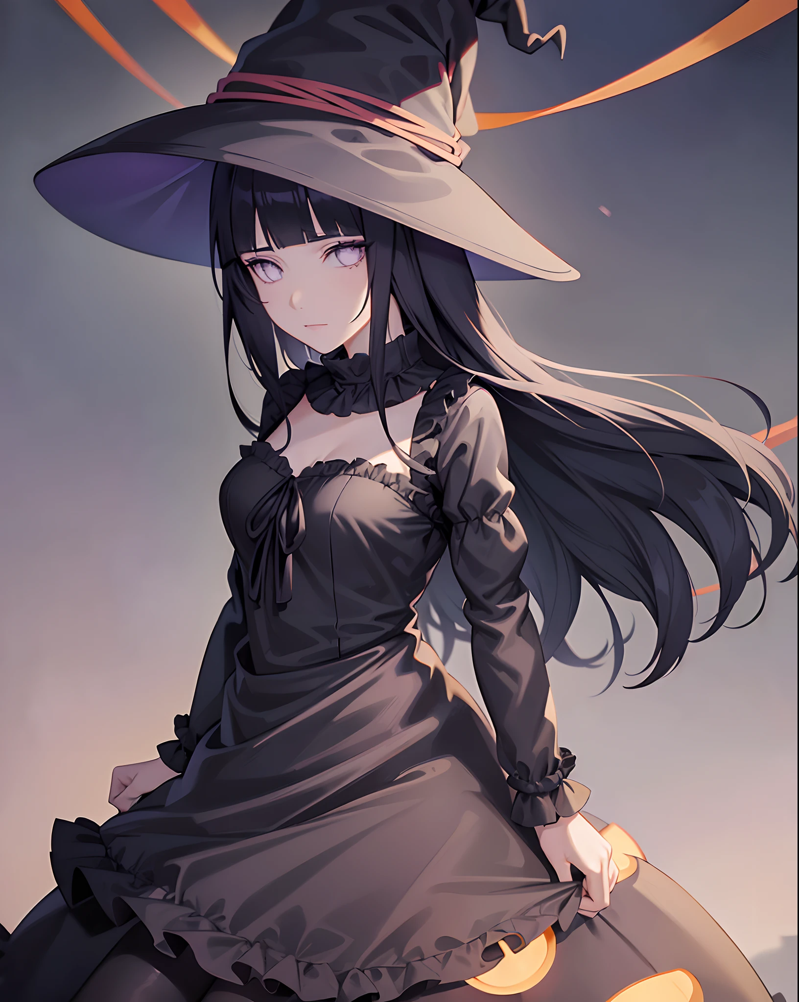 Hinata hyuga, halloween, gothic, black witchdress, long hair, witch hat, pumpkin, halloween night, frill dress, perfect composition, beautiful atmosphere