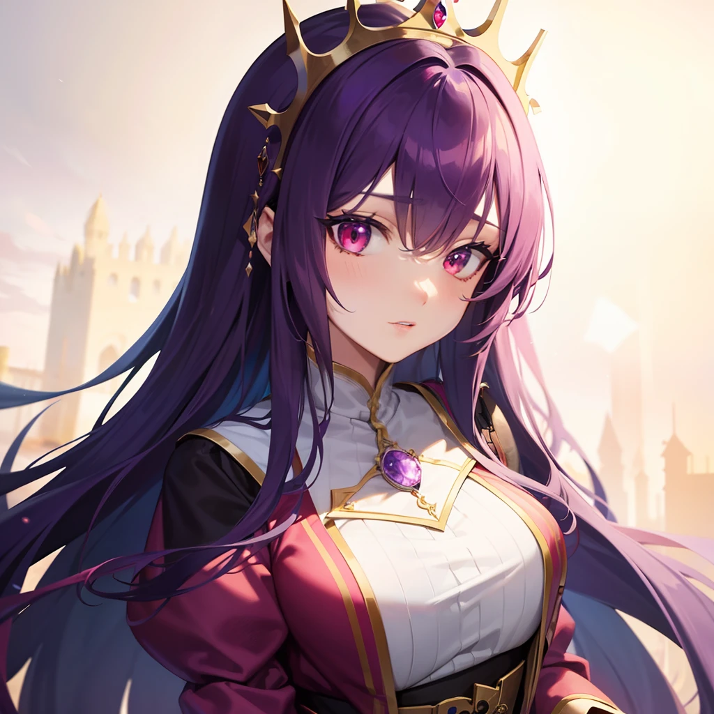 A pretty anime lady, a princess from a kingdom, wearing a medieval clothes, a girl with long violet hair, and red crimson eyes, is looking at you possessively, and obsessed, a princess, human, close up