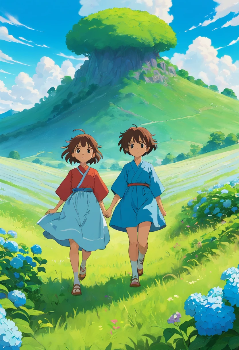 Two boy,twogirls,a grassy field,Cartoon anime style,ethnic dress,Throw hydrangeas