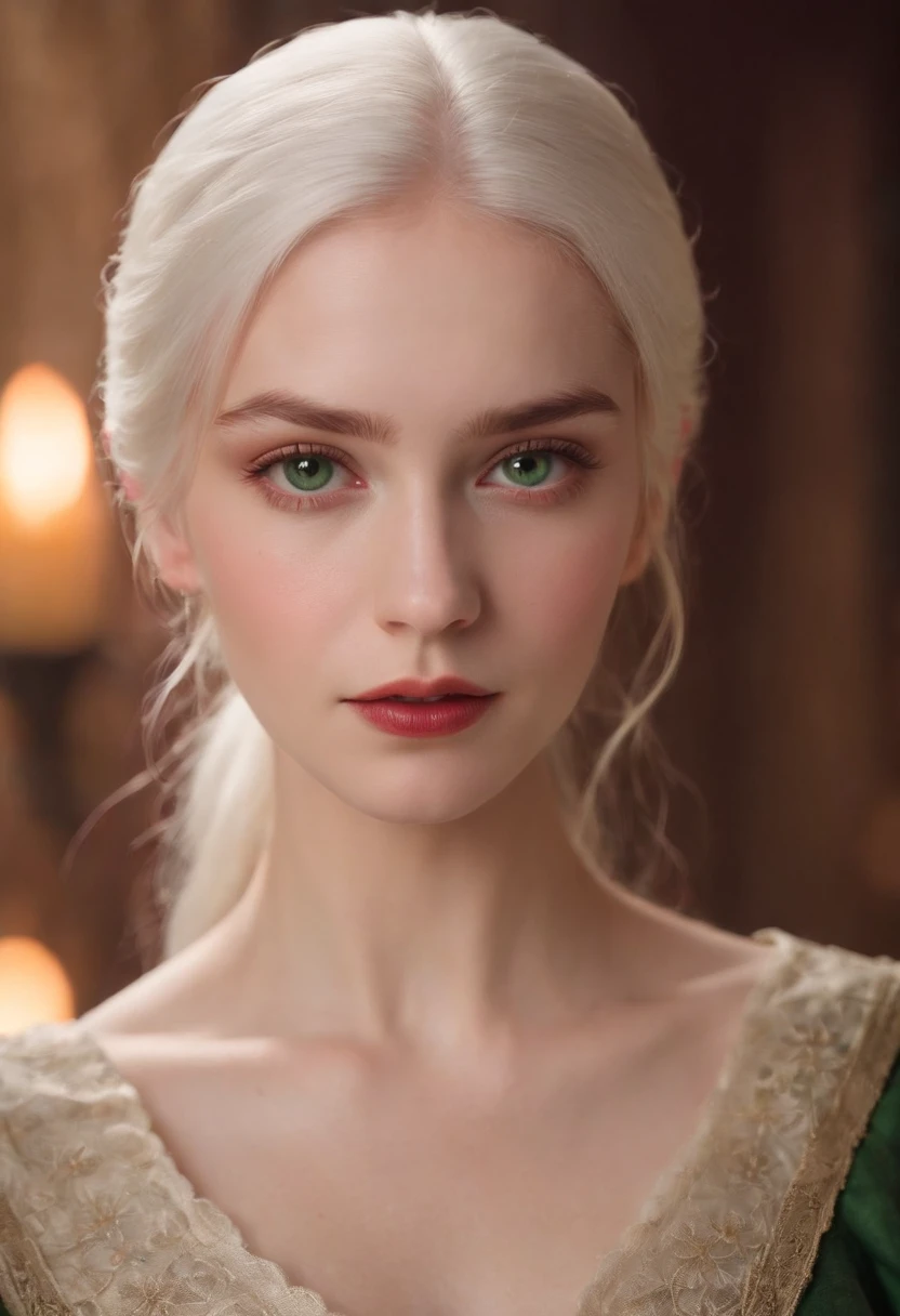 (((a deep reddish wound crosses her left cheek))) fair complexion, woman around 19 years old, natural white hair, distinctive green eyes, wearing kohl, slender and graceful, beautiful, candlelight in a medieval setting, ultra sharp focus, realistic shot, medieval female clothes, tetradic colors (scar:1.4)
