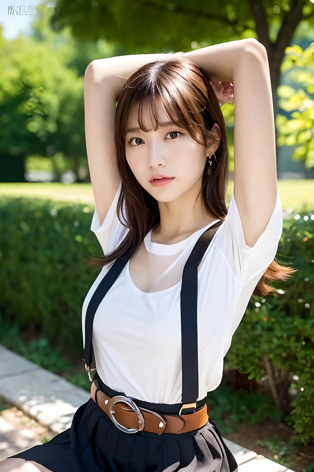masterpiece、flat-colors、depth of fields、lens flare 1 girl、、Brown hair、watching at viewers black suspenders bulging big breasts Armpit sweat perspiring Side of both hands walls: Black miniskirt garterbelts Gaze Small face Bangs Upper Eyes flank Rat-colored eyes holster Belt Cutter Shirt