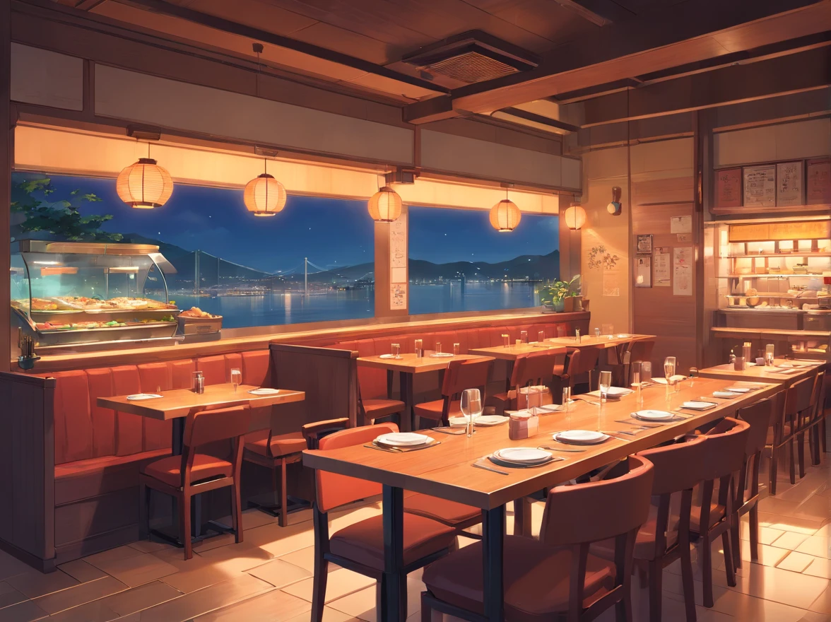 Lots of details, 8K, Fantasy, without people, japanese restaurant, japan, side view, room, table, food,