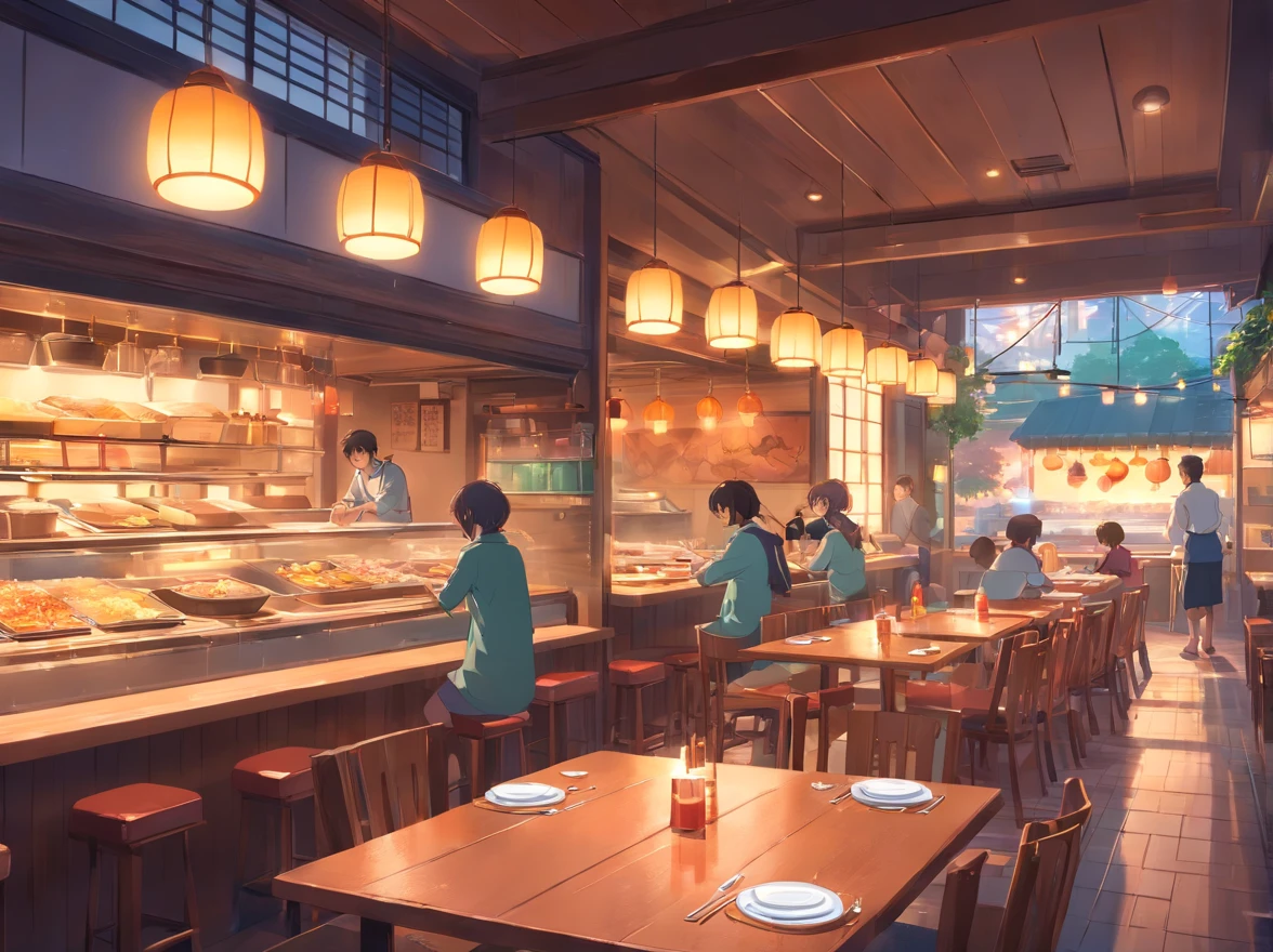 Lots of details, 8K, Fantasy, without people, japanese restaurant, japan, side view, room, table, food,