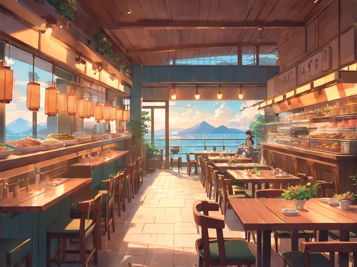 Lots of details, 8K, Fantasy, without people, japanese restaurant, japan, side view, room, table, food,