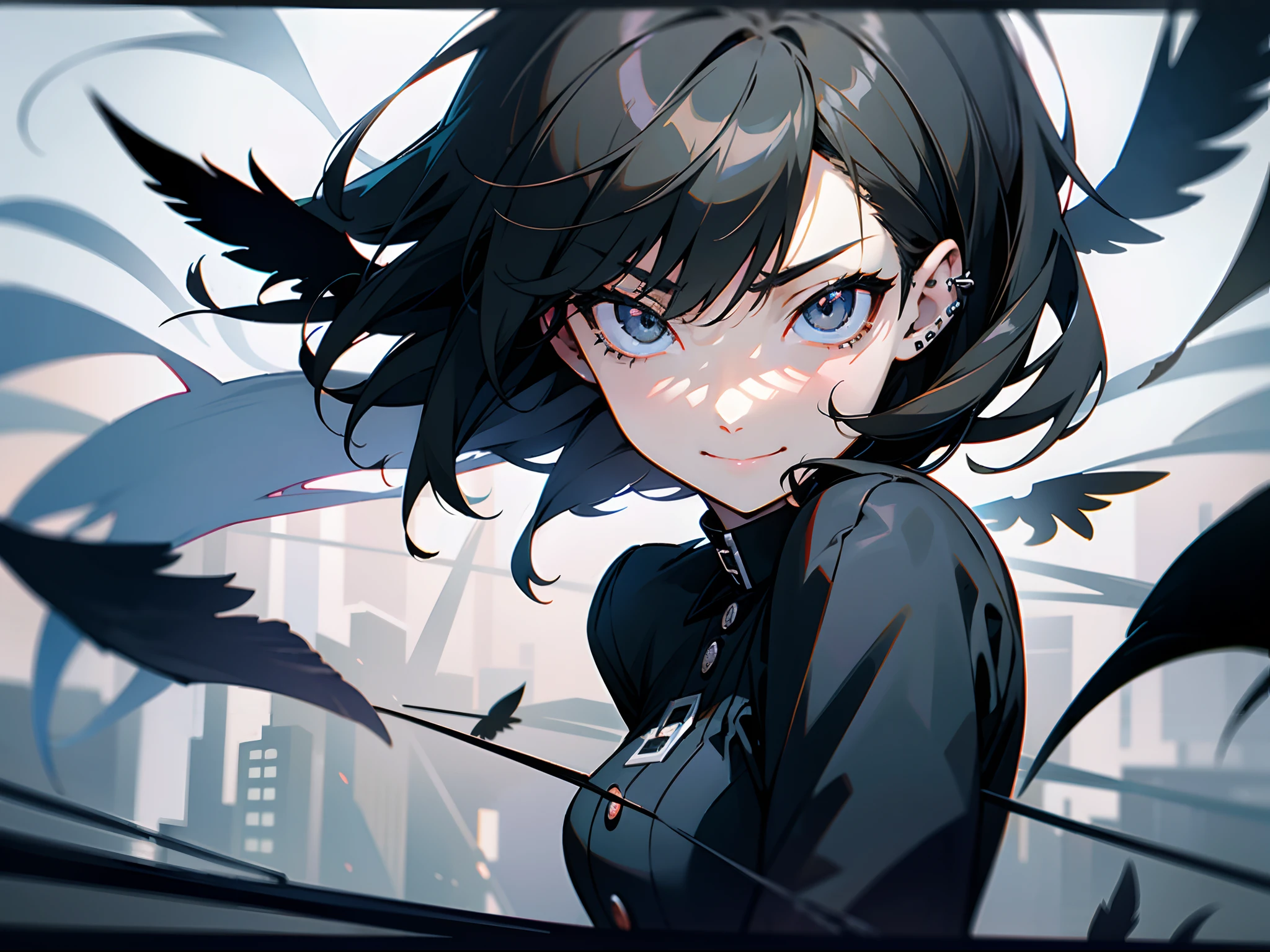 (Scramble crossing in Shibuya at night:1.3)、Gothic black angel girl in a suit disembarks、Spread black feathers wide、Composition from the front、A dark-haired、Short Bob、Berlin Angel Poem、By Shinkai Makoto、Ghost in the Shell、Black halo、piercings、Unpleasant smile、Ruthless atmosphere、Super detailed illustration、Raw photography、film grains、Deviantart Trends。