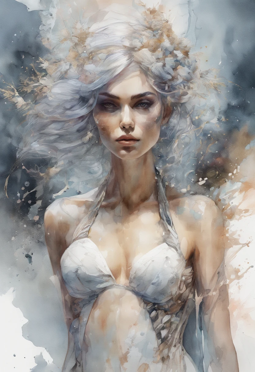 In a bra, peito, clivagem, Mago, Ethereal, mystique, Sobrenatural, celestial, futurista.Beautiful watercolor girl with large snow bra, art stations, arte conceitual, illustrations by Carne Griffiths and Wadim Kashin