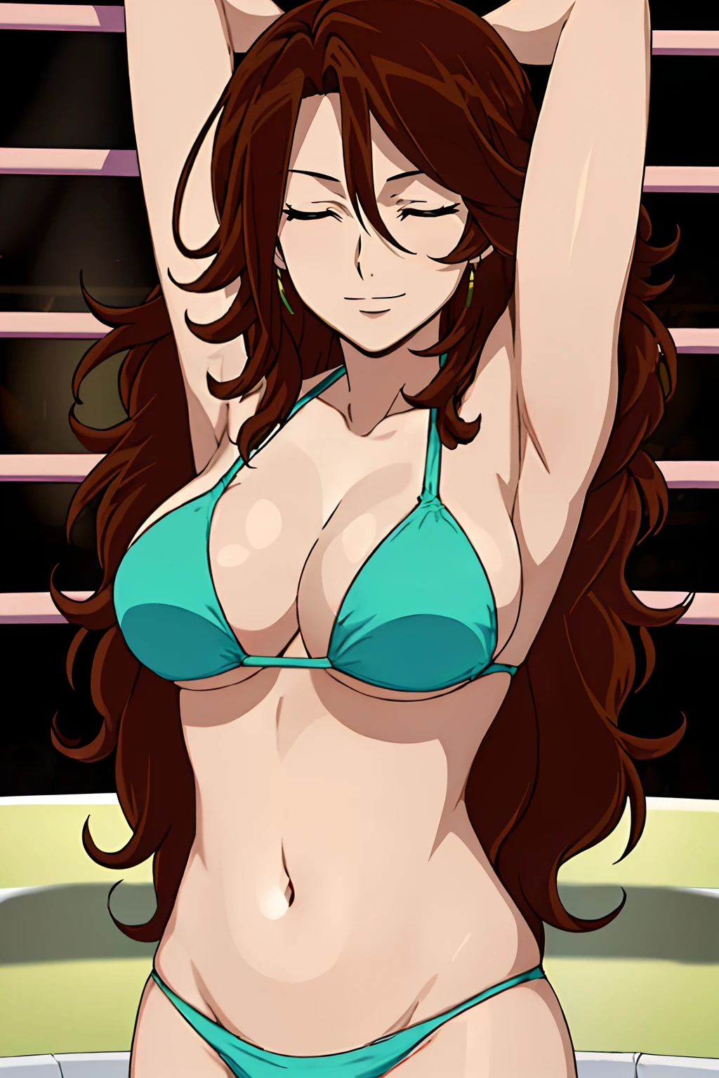 hug, Elegant lady, (upper body only), anime style: 1.8, anime drawing, ultra detailed face, ultra detailed body, 4k, Sumergai Lee Noriega, (sleeping down on arena, closed eyes), best quality, anime style, hires, highest definition, digital blending, bold drawing lines, ((wwe diva), (location: wrestling arena, crowds watching), ( slim body, (little biceps), , off-shoulders, closed fists, (curvy: 2.8)), ((TORN bikini , white gloves, collar, armpit protector, (chaps))), victorious, winner, gentle, (pale skin, shiny skin, very big breasts, smile), (big eyes, brown eyes), (clapping), (brown hair, loose hair, curly hair, wavy hair, long hair, missy hair), 27 years old,