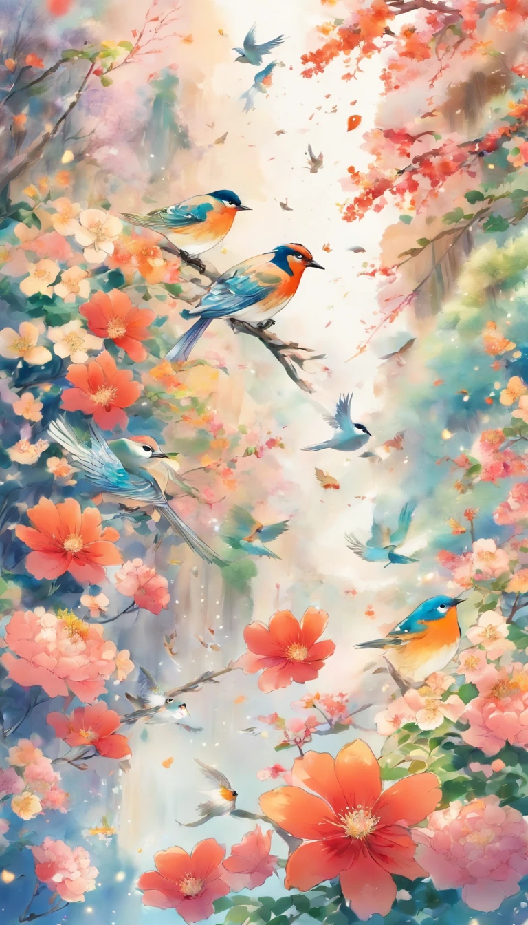 Flowers and birds, japan manga style, sketching, aquarelle