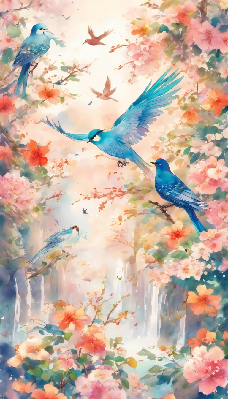 Flowers and birds, japan manga style, sketching, aquarelle