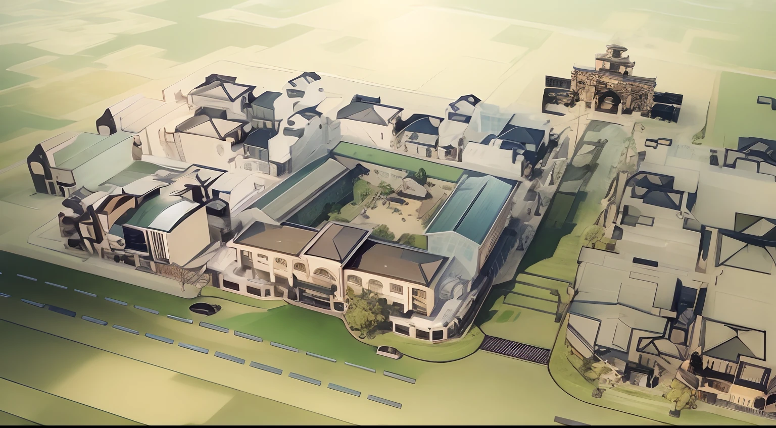 aerial view of a large building with a green roof and a clock tower, research complex, high detailed photo, realistic photo of a town, viewed from bird's-eye, detailed photo of virtual world, high picture quality, aerial viewyoji shinkawa, highdetailed, aerial shot, high quality picture, aerial view, japanese high school, realistic painting of a complex