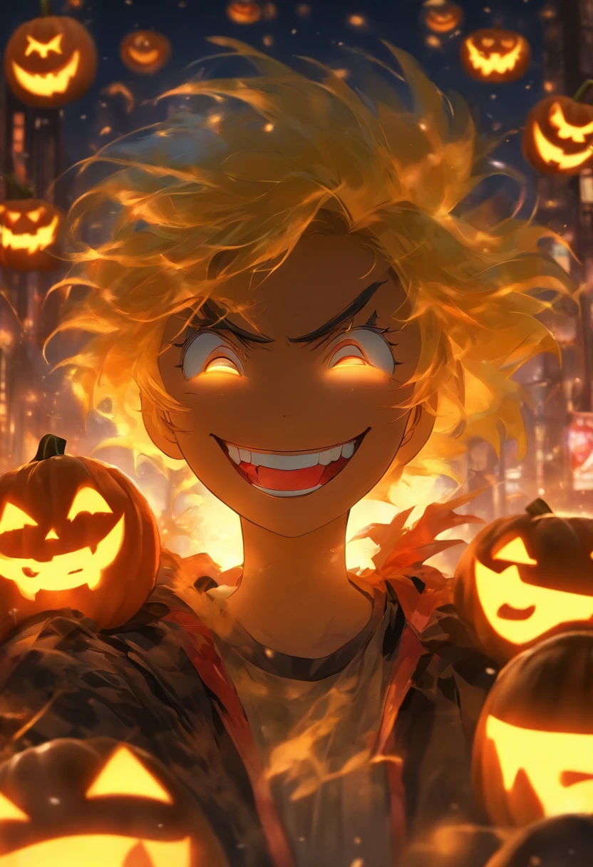 /, illustrator, masterpiece, high quality, 8k, high res, high detail, smiley, transparent sunglasses, cinematic overlay, vivid colors, cool soft lighting, chicago night, wind blowing, , pumpkin, fire, evil, vampire