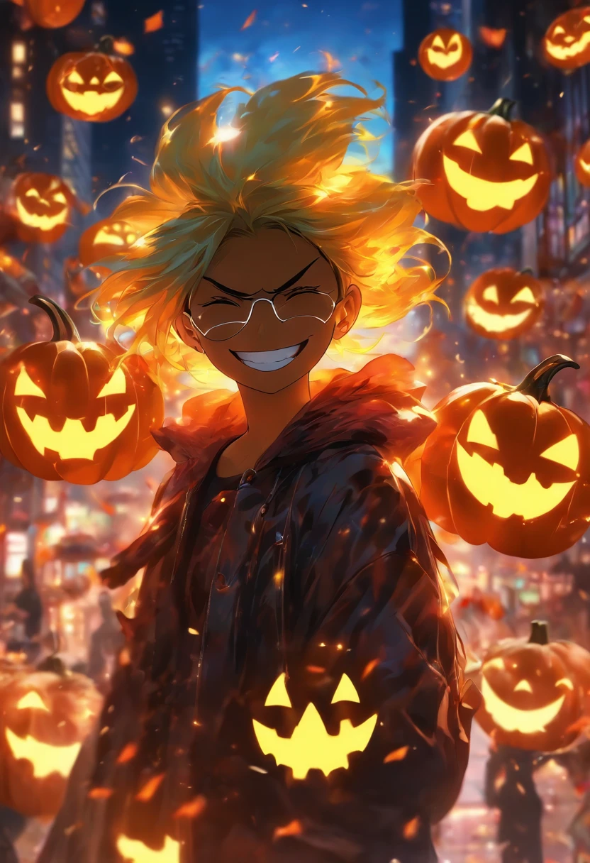 /, illustrator, masterpiece, high quality, 8k, high res, high detail, smiley, transparent sunglasses, cinematic overlay, vivid colors, cool soft lighting, chicago night, wind blowing, , pumpkin, fire, evil, vampire
