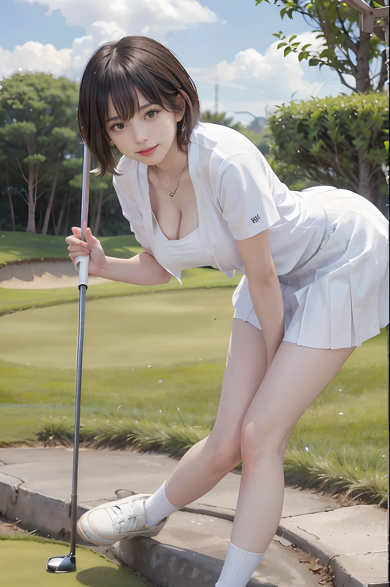、Smile full of happiness、((nearly naked:1.3))、nearly naked、、lawn、Sweating、is standing、(((clong legs、thighs thighs thighs thighs)))、Sun visor、Medium Hair、cleavage of the breast、1girll，Golf Player，face perfect，crisp breasts, Convex buttocks,Pastel Color Sport Short Sleeves，(((short tight white skirt)))，White sport socks，White shoes，a wet body，Swing a golf club，Golf Course，Sunnyday，Clouds， Detailed background, Clothing Details, Perfectly proportioned, film grains, Fuji colors, lightand shade contrast, tmasterpiece, high detal, high quarity, hight resolution, Cinematic lighting, 8K, Textured skin, Super Detail