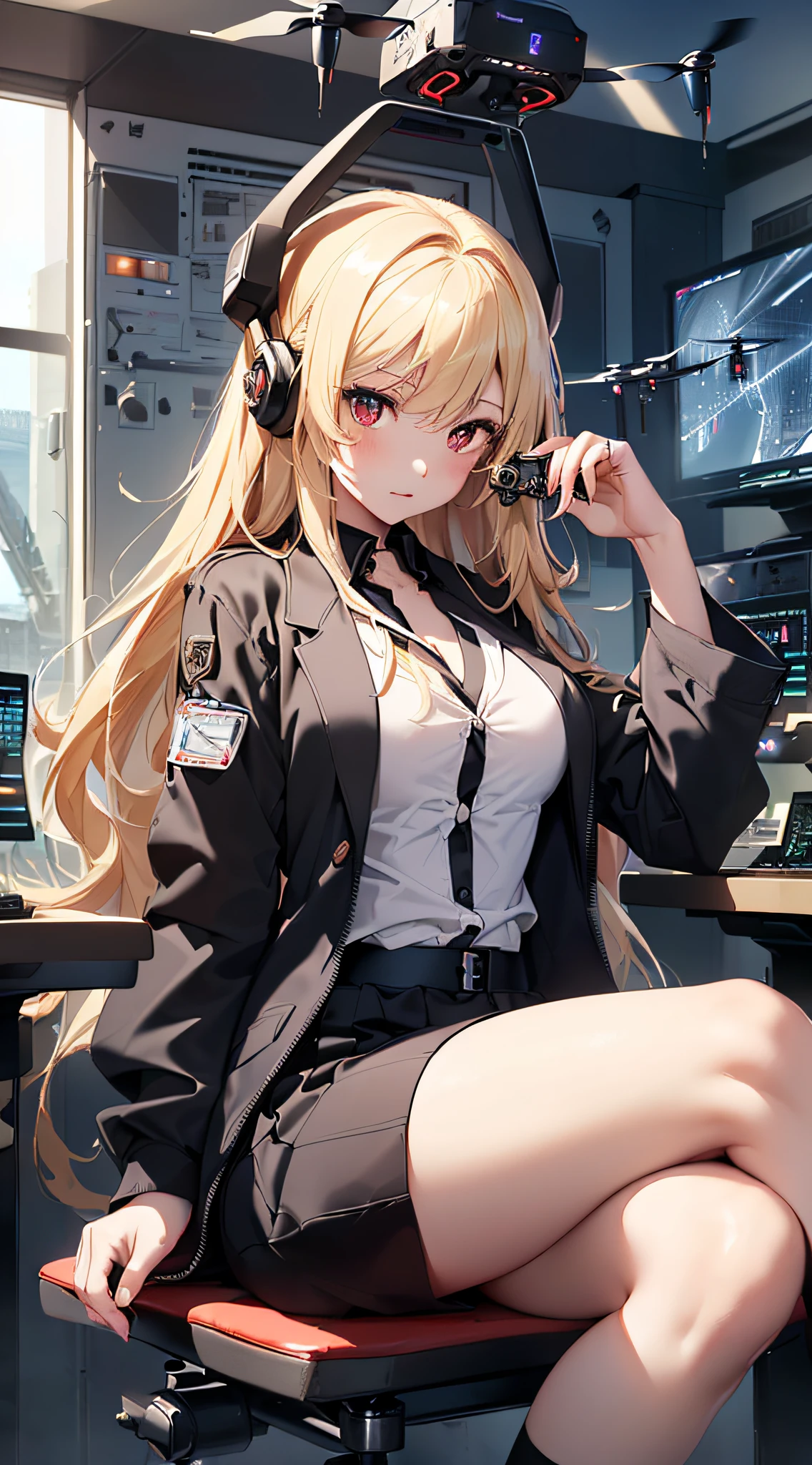 top-quality、Top image quality、masterpiece、girl with((Beautiful fece、18year old、Best Bust、big bast、Bust 85,Red eyes to issue、Breasts wide open,Valley、Blonde long hair、A slender、Outerwear lab coat、Black Y-shirt with open buttons、a black skirt、Black spats,Be at the front、sit a chair、Large valleys)hiquality、Beautiful Art、Background with((Cyber Laboratories,Many flying drones、darkened room)),Depth((Numerous monitors))masutepiece、Elaborate design、visualart、depth of fields、