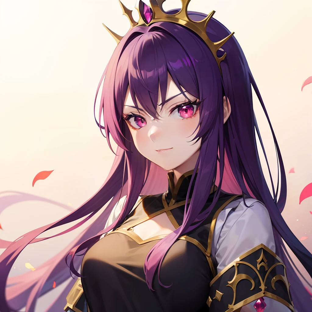 A pretty anime lady, a princess from a kingdom, wearing a medieval clothes, a girl with long violet hair, and red crimson eyes, is looking at you with a sly smirk a princess, human, close up