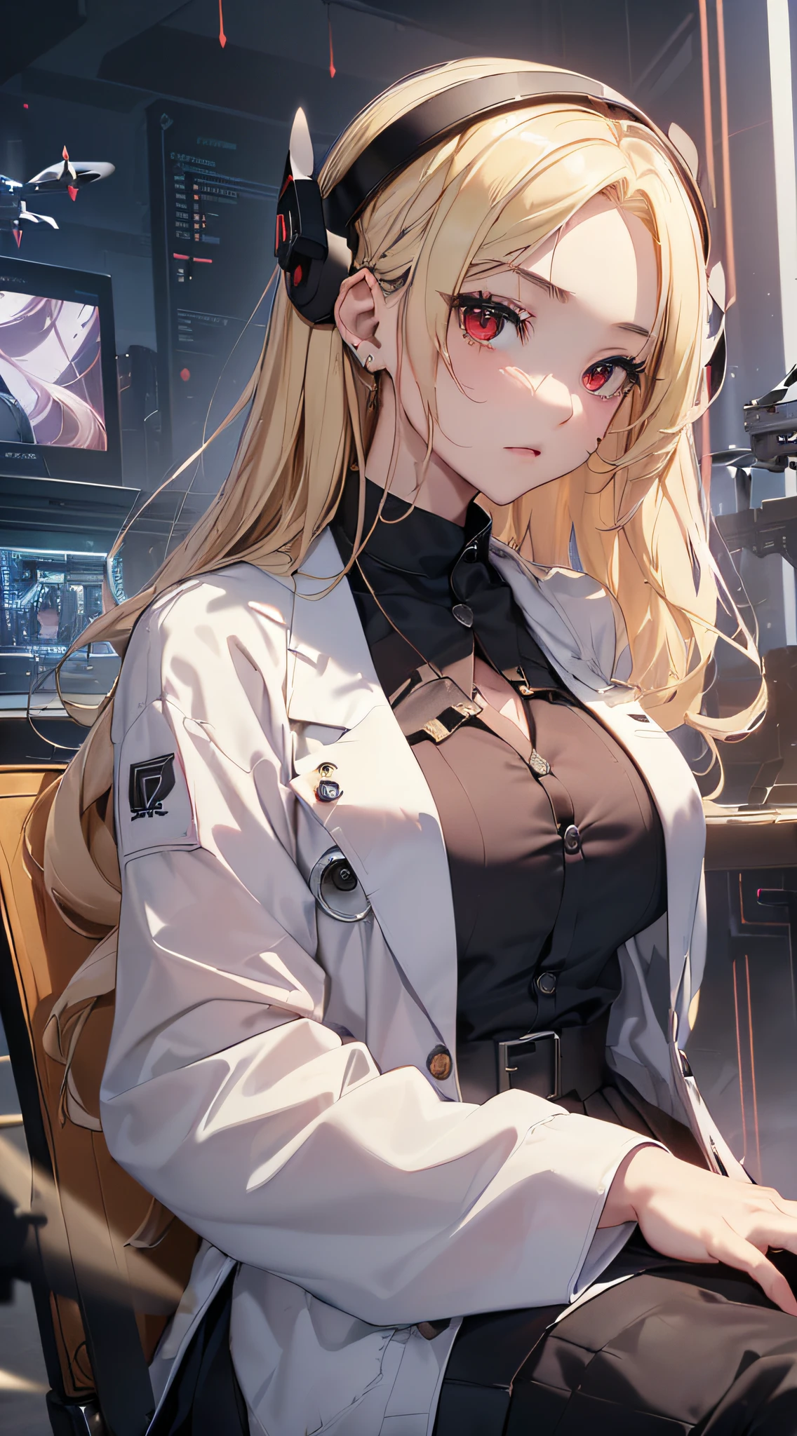 top-quality、Top image quality、​masterpiece、girl with((Beautiful fece、18year old、Best Bust、big bast、Bust 85,Red eyes to issue、Breasts wide open,Valley、Blonde long hair、A slender、Outerwear lab coat、Black Y-shirt with open buttons、a black skirt、Black spats,Be at the front、sit a chair、Large valleys）hiquality、Beautiful Art、Background with((Cyber Laboratories,Many flying drones、darkened room)),Depth((Numerous monitors))masutepiece、Elaborate design、visualart、depth of fields、