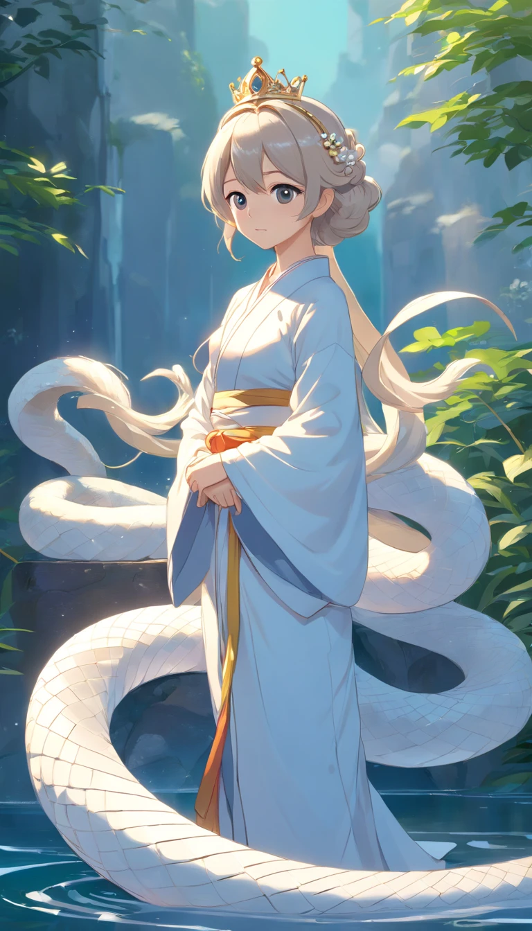 Pixar-style super cute anthropomorphic white snake， Wearing Hanfu and Crystal Crown, Standing, charming big eyes, nice tail, Standing, Surreal, Super fine, Luxurious, elegant standing, charming big eyes, nice tail, Standing, Surreal, super detailed, Luxurious, Elegant, with an intricate, Gorgeous, Illusion Engine, Octane Rendering, 8K, Vleischulrealism