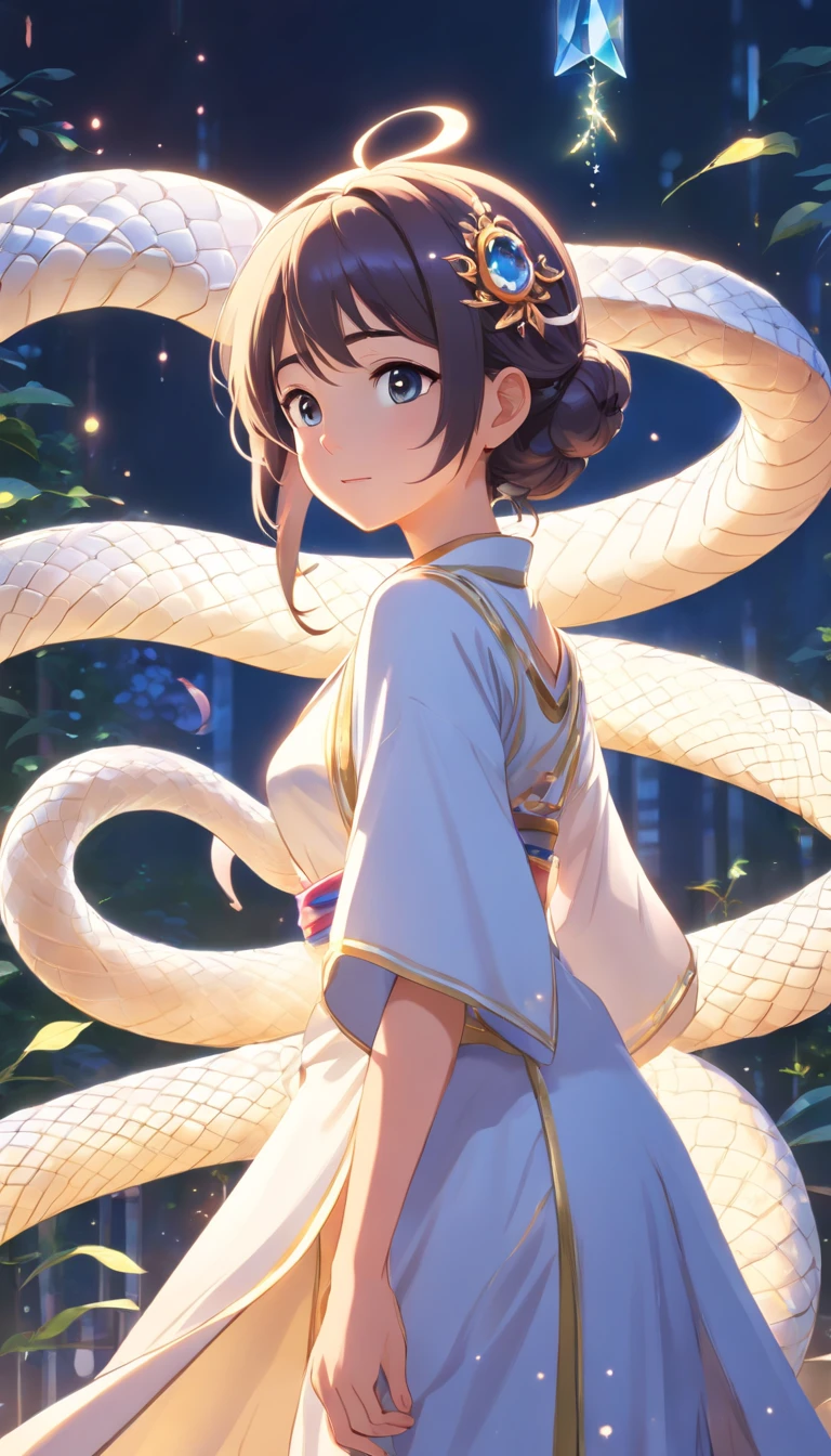 Pixar-style super cute anthropomorphic white snake， Wearing Hanfu and Crystal Crown, Standing, charming big eyes, nice tail, Standing, Surreal, Super fine, Luxurious, elegant standing, charming big eyes, nice tail, Standing, Surreal, super detailed, Luxurious, Elegant, with an intricate, Gorgeous, Illusion Engine, Octane Rendering, 8K, Vleischulrealism