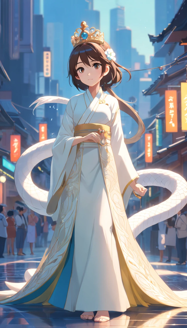 Pixar-style super cute anthropomorphic white snake, Wearing Hanfu and Crystal Crown, Standing, charming big eyes, nice tail, Standing, Surreal, Super fine, Luxurious, elegant standing, charming big eyes, nice tail, Standing, Surreal, super detailed, Luxurious, Elegant, with an intricate, Gorgeous, Illusion Engine, Octane Rendering, 8K, Vleischulrealism