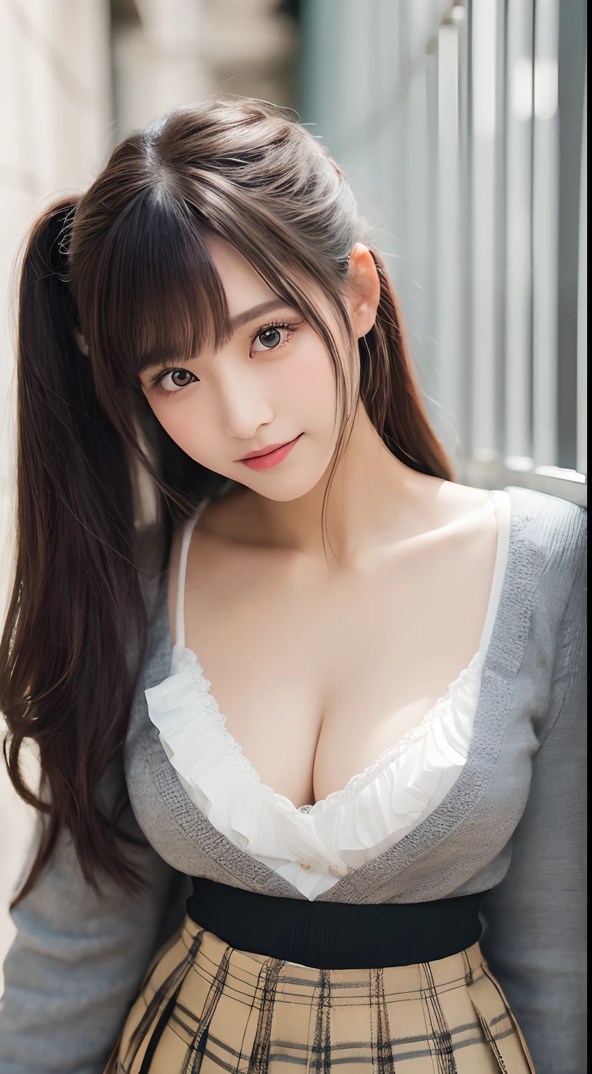 Smile、natta、Raw photography、(((Ultimate Beauty Portrait)))、((glistning skin))、1人、15 year old beautiful girl in Prague、bright expression、((brown haired))、(cleavage of the breast)、(plaid pleated skirt:1.5)、((Big eyes that shine like jewels))、open cardigan、Open your clothes、panthyhose、Glossy glossy skin、(Medium Hair)、(Silky Ponytail Hair)、(is standing)、(frombelow)、Under the skirt、Under the skirt、(Close-up of underwear from below)、eye liner、Beautiful bangs、Hair between the eyes、((masterpiece、top-quality、ultra-detailliert、Film Light、intricate-detail、hight resolution、ighly detailed))、细致背景、8KUHD、Digital SLR、Soft light、hightquality、Film grain、FujifilmXT3 、Shallow depth of field、natural soft light、Kamimei、Lush bust